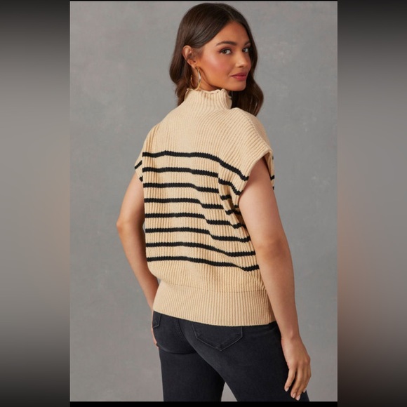 Tan & Black Striped Short Sleeve Ribbed Sweater Knit Top, High Collar - Picture 11 of 13